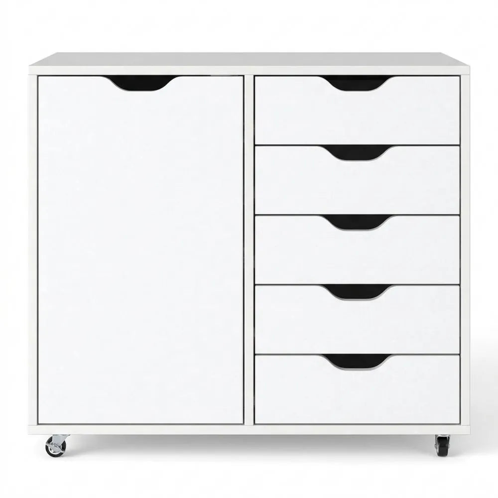 Rollbarer Büroschrank mit 5 Schubladen, Druckertisch aus Holz, Barschrank weiß, 79x39x65 cm