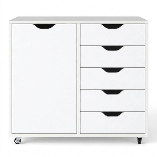 Rollbarer Büroschrank mit 5 Schubladen, Druckertisch aus Holz, Barschrank weiß, 79x39x65 cm
