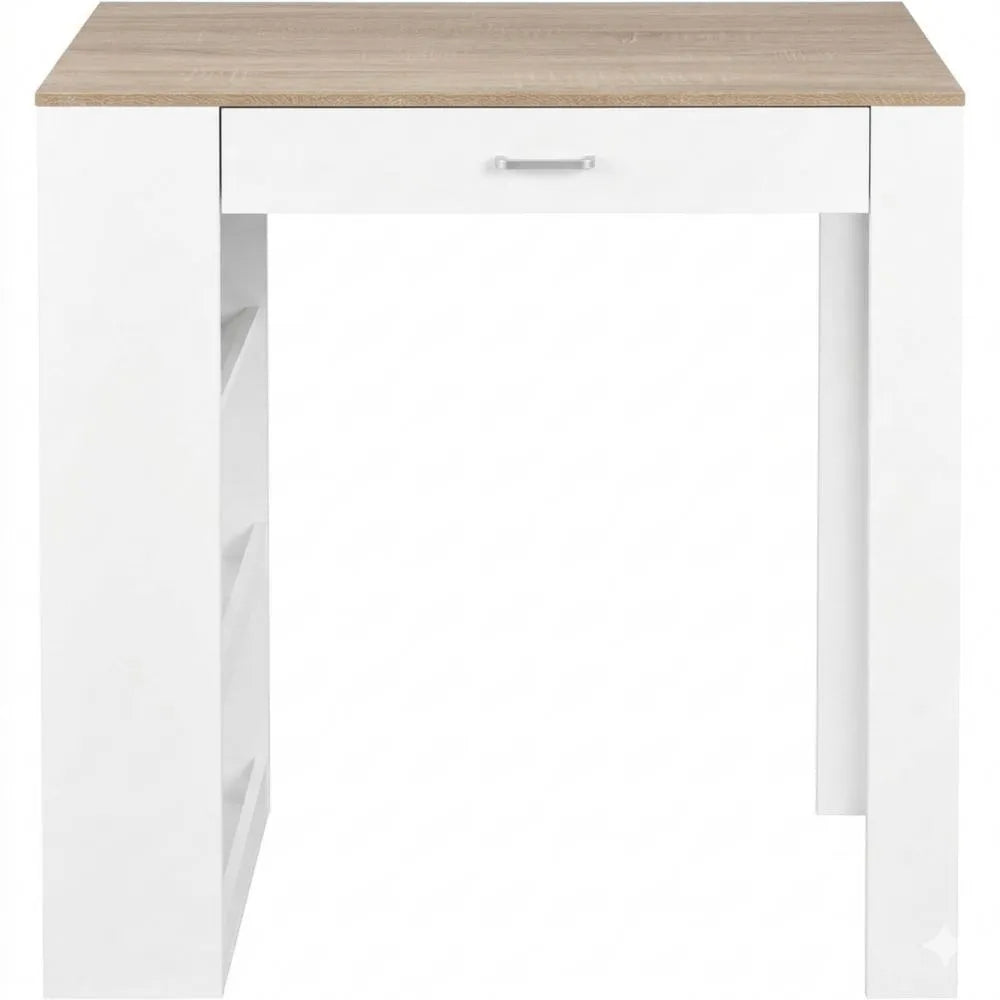 Moderner Bartisch mit Stauraum und Flaschenhalter, Weiß und Eiche, 100 x 50 x 100 cm