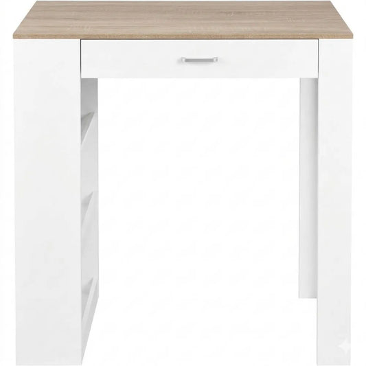 Moderner Bartisch mit Stauraum und Flaschenhalter, Weiß und Eiche, 100 x 50 x 100 cm